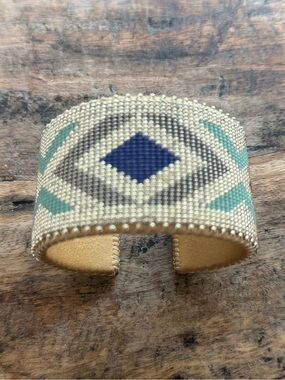 Etkie 
Hand-Beaded Leather Cuff Bracelet in Blue and Teal